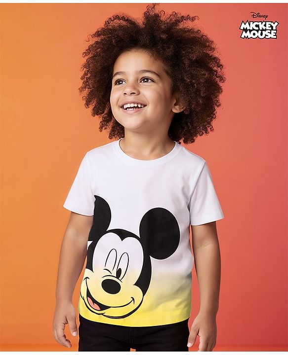 Babyhug Disney Single Jersey Knit Half Sleeves T-Shirt with Mickey Mouse Graphic & Ombre Effect - White