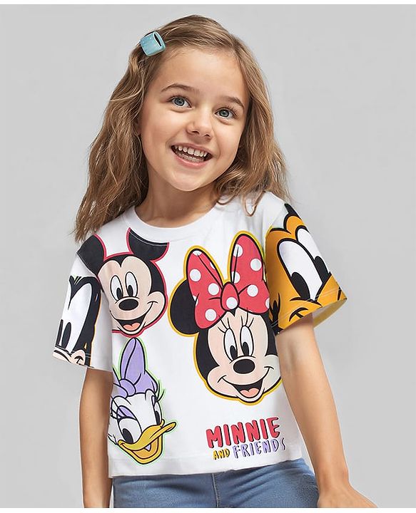 Babyhug Disney Single Jersey Knit Half Sleeves T-Shirt with Minnie Mouse & Family Graphics - White