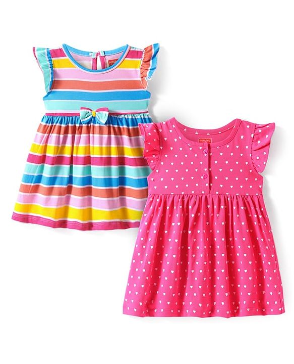 Babyhug Cotton Knit  Frill Sleeves Frocks with Polka Dots Stripes & Bow Applique Pack of 2- Pink & Blue