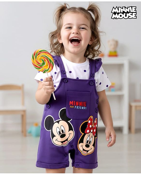 Babyhug Disney Single Jersey Knit Half Sleeves Polka Dots Printed T-Shirt & Dungaree Set with Mickey Mouse Graphics - Purple