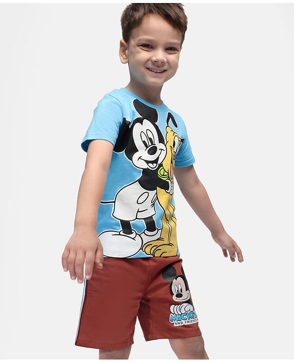 Babyhug Disney Single Jersey Knit Half Sleeves T-Shirt & Shorts Set with Mickey Mouse Graphics - Light Blue & Brown