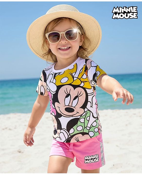 Babyhug Disney Single Jersey Knit Half Sleeves T-Shirt & Shorts Set with Minnie Mouse Graphics - Pink