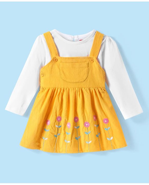 Babyhug Cotton Knit Frock With Full Sleeves Inner Tee & Floral Embroidery - Yellow & White
