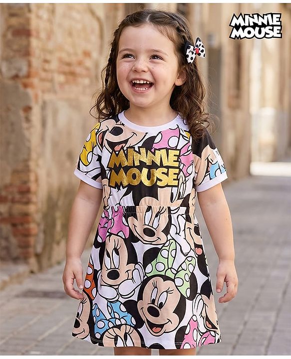 Babyhug Disney Single Jersey Knit Raglan Sleeve Frock With Minnie Mouse & Foil Text Print - White