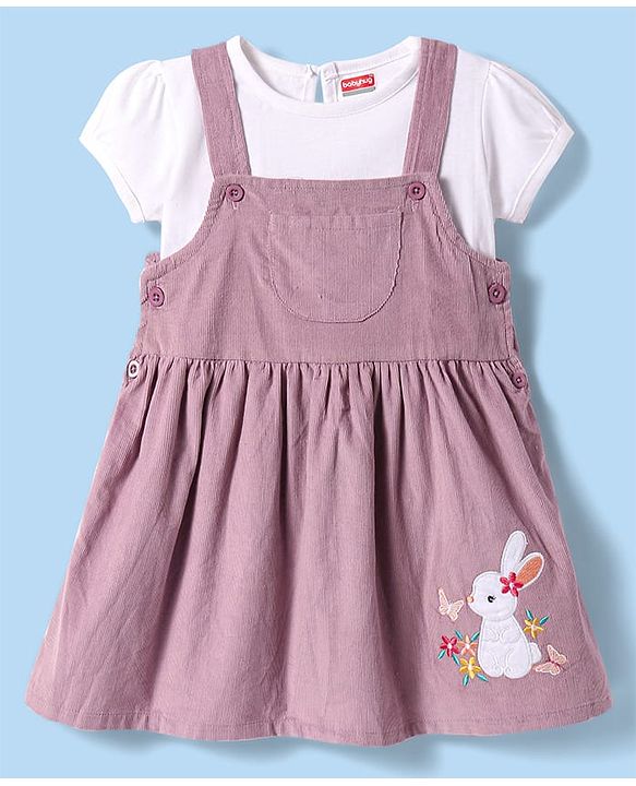 Babyhug Cotton Knit Bunny Embroidered Frock with Half Sleeves Solid Top - Rose Gold & White