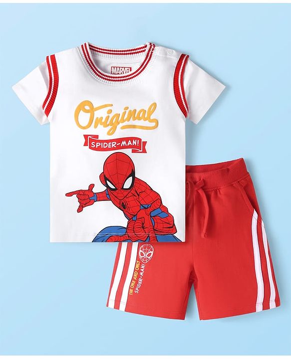 Babyhug Marvel Single Jersey Knit Half Sleeves T-Shirt & Shorts Set with Spiderman Graphics - White & Red