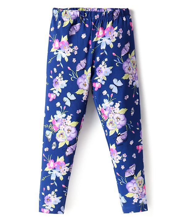 Babyhug Cotton Knit Full Length Leggings with Floral Print  -  Navy Blue