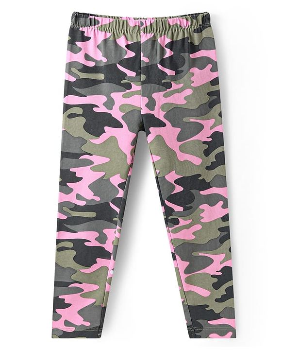 Babyhug Cotton Lycra Knit Full Length Leggings with Camouflage Design - Olive Green