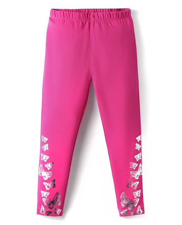 Babyhug Cotton Lycra Knit Full Length Leggings with Foil Printed Butterflies - Dark Pink