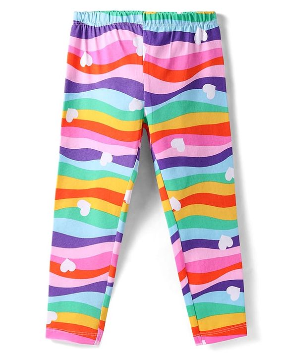 Babyhug Cotton Knit Full length Leggings with Hearts Print & Rainbow Color - Pink