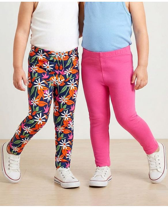Babyhug Cotton Lycra Knit Full Length Leggings With Floral Print Pack of 2 - Navy Blue & Dark Pink