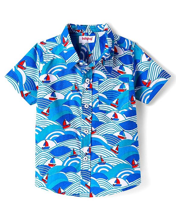 Babyhug Cotton Woven Half Sleeves Shirt with Boat Print - Blue