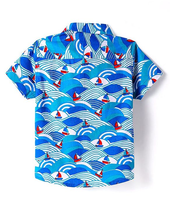 Babyhug Cotton Woven Half Sleeves Shirt with Boat Print - Blue