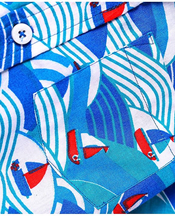 Babyhug Cotton Woven Half Sleeves Shirt with Boat Print - Blue