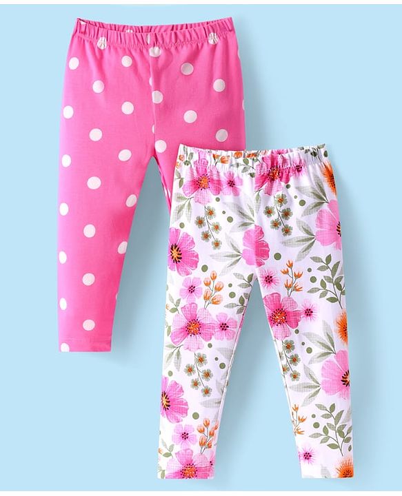 Babyhug Cotton Knit Full Length Leggings with Floral & Polka Dot Print Pack Of 2 - Pink