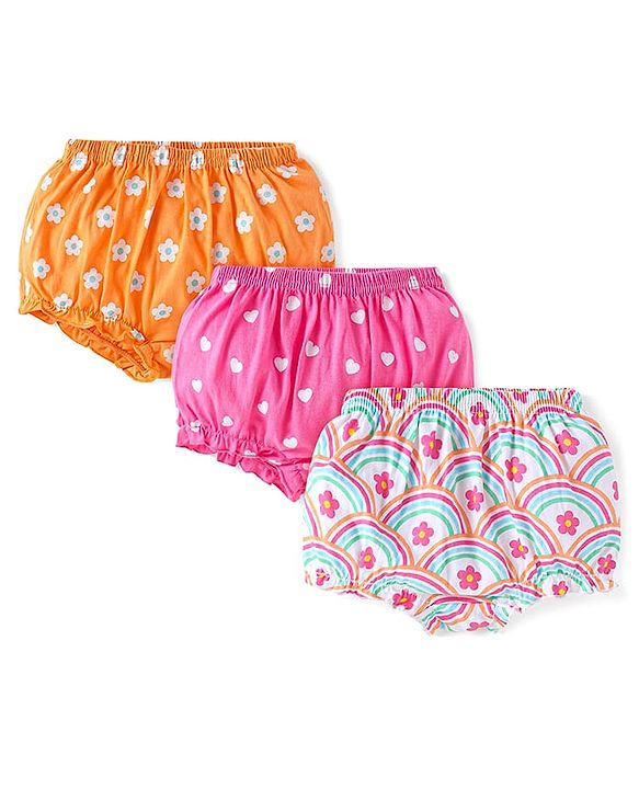 Babyhug 100% Cotton Knit Antibacterial Bloomers Floral & Hearts Print Pack of 3 - Orange Pink & White