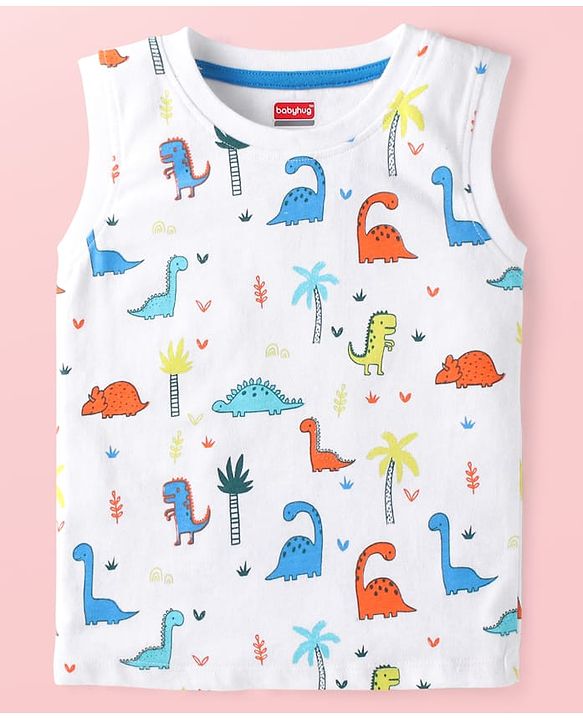 Babyhug Cotton Knit Tank T-Shirt With Dino Print - White
