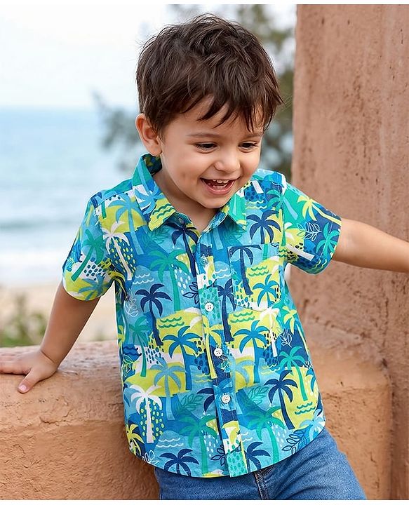 Babyhug Cotton Woven Half Sleeves Shirt With Tropical Tree Print - Multicolour
