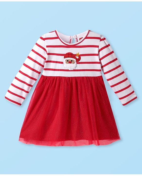 Babyhug Cotton Knit Full Sleeves Dress With Santa Claus Embroidery - White & Red