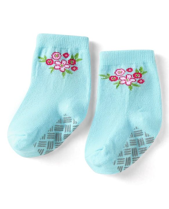 Cute Walk by Babyhug Knit Ankle Length Antibacterial Anti Skid Socks with Polka Dots & Floral Design Pack of 3 - Pink Light Blue & Yellow