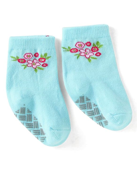 Cute Walk by Babyhug Knit Ankle Length Antibacterial Anti Skid Socks with Polka Dots & Floral Design Pack of 3 - Pink Light Blue & Yellow