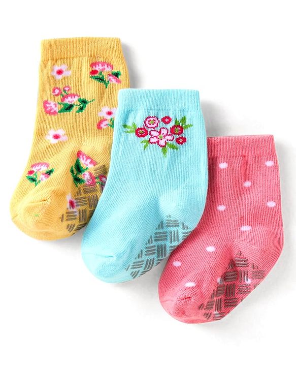 Cute Walk by Babyhug Knit Ankle Length Antibacterial Anti Skid Socks with Polka Dots & Floral Design Pack of 3 - Pink Light Blue & Yellow