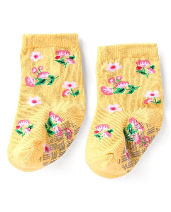 Cute Walk by Babyhug Knit Ankle Length Antibacterial Anti Skid Socks with Polka Dots & Floral Design Pack of 3 - Pink Light Blue & Yellow