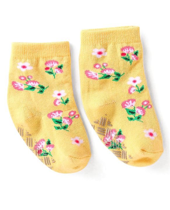 Cute Walk by Babyhug Knit Ankle Length Antibacterial Anti Skid Socks with Polka Dots & Floral Design Pack of 3 - Pink Light Blue & Yellow