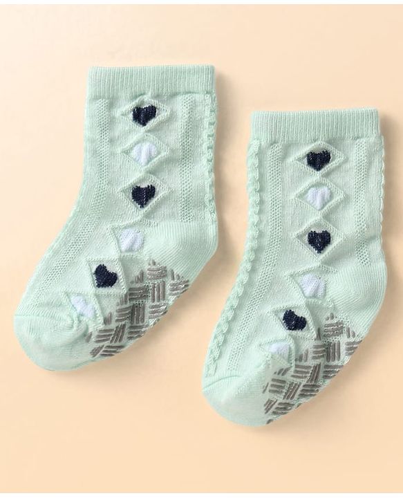 Cute Walk by Babyhug Knit Ankle Length Antibacterial Anti Skid Socks with Hearts Design Pack of 3 - White Pink & Light Green