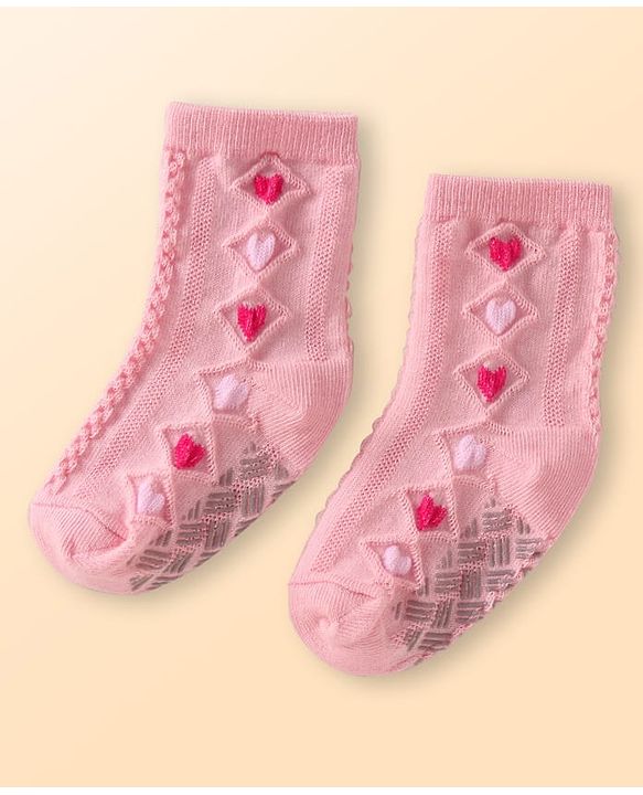 Cute Walk by Babyhug Knit Ankle Length Antibacterial Anti Skid Socks with Hearts Design Pack of 3 - White Pink & Light Green