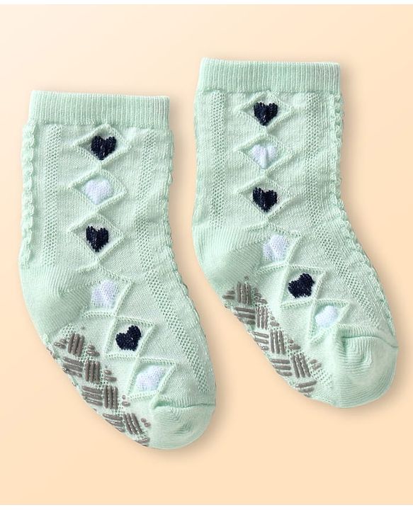 Cute Walk by Babyhug Knit Ankle Length Antibacterial Anti Skid Socks with Hearts Design Pack of 3 - White Pink & Light Green
