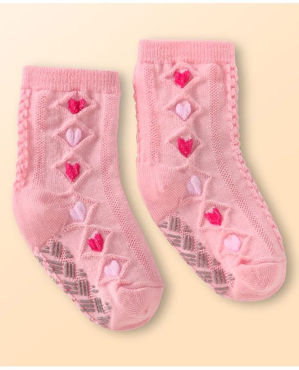 Cute Walk by Babyhug Knit Ankle Length Antibacterial Anti Skid Socks with Hearts Design Pack of 3 - White Pink & Light Green