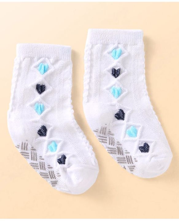 Cute Walk by Babyhug Knit Ankle Length Antibacterial Anti Skid Socks with Hearts Design Pack of 3 - White Pink & Light Green