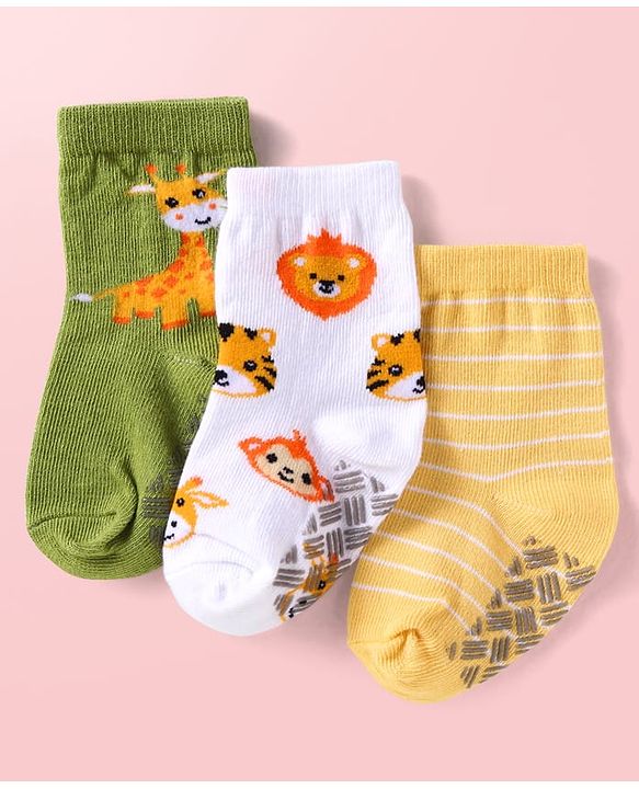 Cute Walk by Babyhug Knit Ankle Length Antibacterial Anti Skid Socks with Stripes & Animal Design Pack of 3 - White Green & Yellow