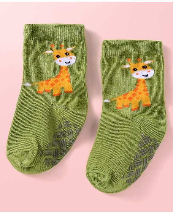 Cute Walk by Babyhug Knit Ankle Length Antibacterial Anti Skid Socks with Stripes & Animal Design Pack of 3 - White Green & Yellow