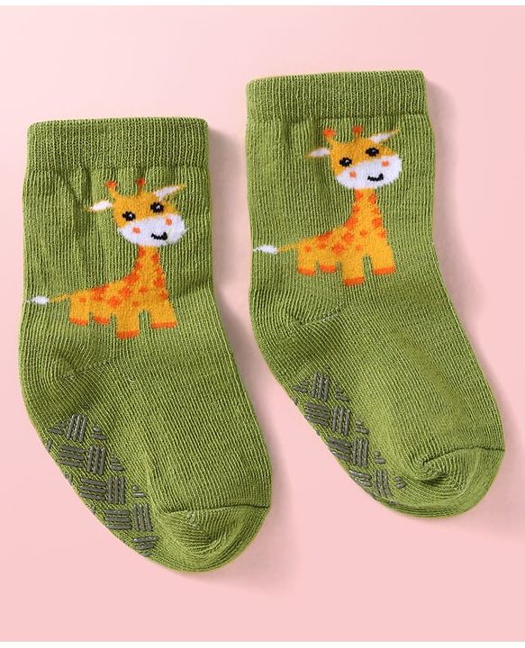 Cute Walk by Babyhug Knit Ankle Length Antibacterial Anti Skid Socks with Stripes & Animal Design Pack of 3 - White Green & Yellow