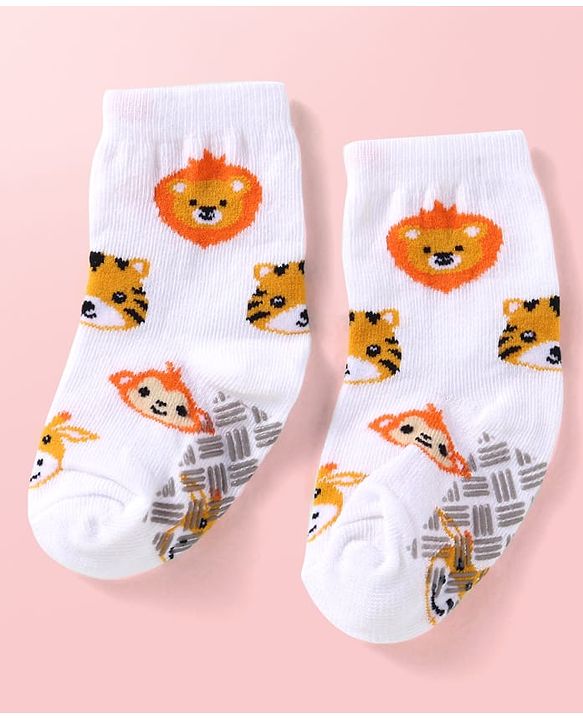 Cute Walk by Babyhug Knit Ankle Length Antibacterial Anti Skid Socks with Stripes & Animal Design Pack of 3 - White Green & Yellow