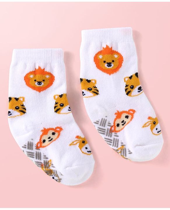 Cute Walk by Babyhug Knit Ankle Length Antibacterial Anti Skid Socks with Stripes & Animal Design Pack of 3 - White Green & Yellow