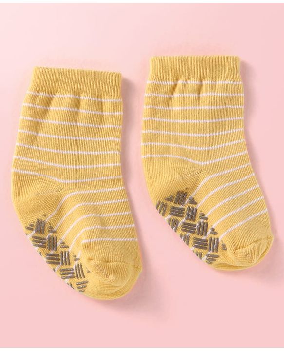 Cute Walk by Babyhug Knit Ankle Length Antibacterial Anti Skid Socks with Stripes & Animal Design Pack of 3 - White Green & Yellow