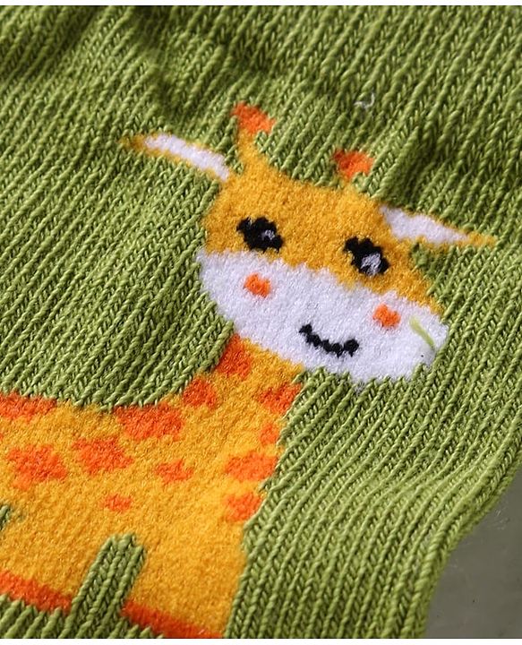 Cute Walk by Babyhug Knit Ankle Length Antibacterial Anti Skid Socks with Stripes & Animal Design Pack of 3 - White Green & Yellow