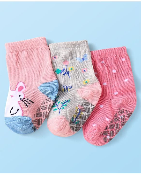 Cute Walk by Babyhug Knit Ankle Length Antibacterial Anti Skid Socks with Bunny Floral & Polka Dots Design Pack of 3 - Pink & Grey