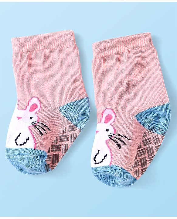 Cute Walk by Babyhug Knit Ankle Length Antibacterial Anti Skid Socks with Bunny Floral & Polka Dots Design Pack of 3 - Pink & Grey