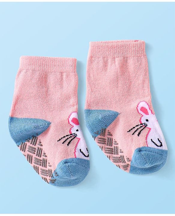 Cute Walk by Babyhug Knit Ankle Length Antibacterial Anti Skid Socks with Bunny Floral & Polka Dots Design Pack of 3 - Pink & Grey