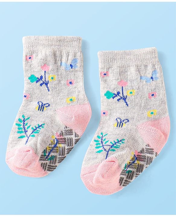 Cute Walk by Babyhug Knit Ankle Length Antibacterial Anti Skid Socks with Bunny Floral & Polka Dots Design Pack of 3 - Pink & Grey