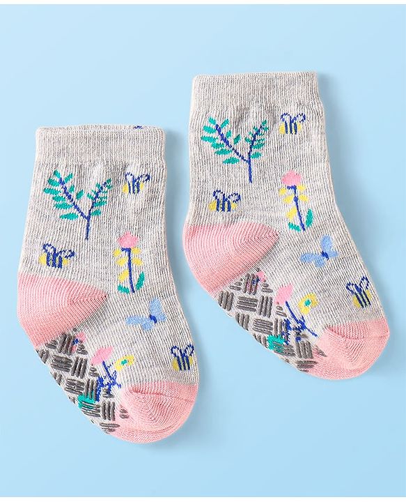 Cute Walk by Babyhug Knit Ankle Length Antibacterial Anti Skid Socks with Bunny Floral & Polka Dots Design Pack of 3 - Pink & Grey