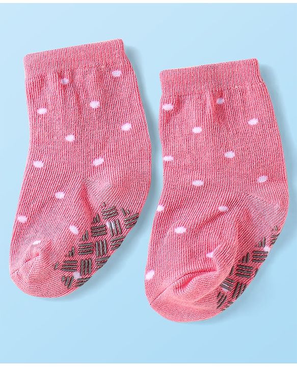 Cute Walk by Babyhug Knit Ankle Length Antibacterial Anti Skid Socks with Bunny Floral & Polka Dots Design Pack of 3 - Pink & Grey