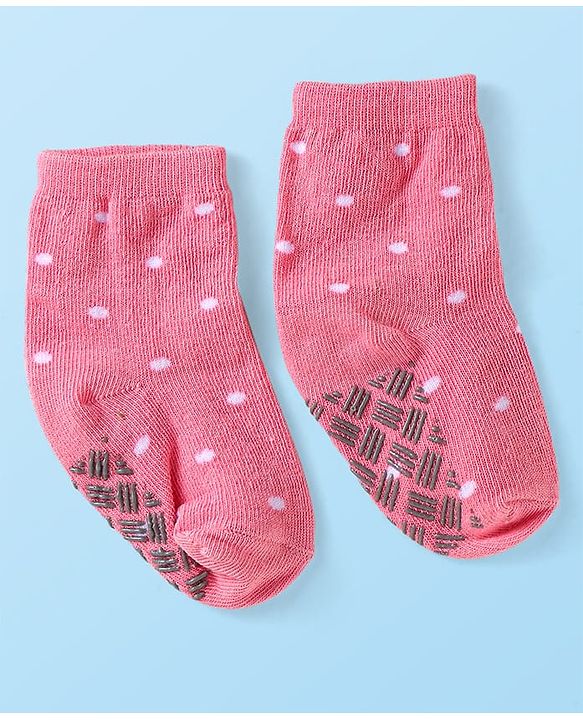 Cute Walk by Babyhug Knit Ankle Length Antibacterial Anti Skid Socks with Bunny Floral & Polka Dots Design Pack of 3 - Pink & Grey