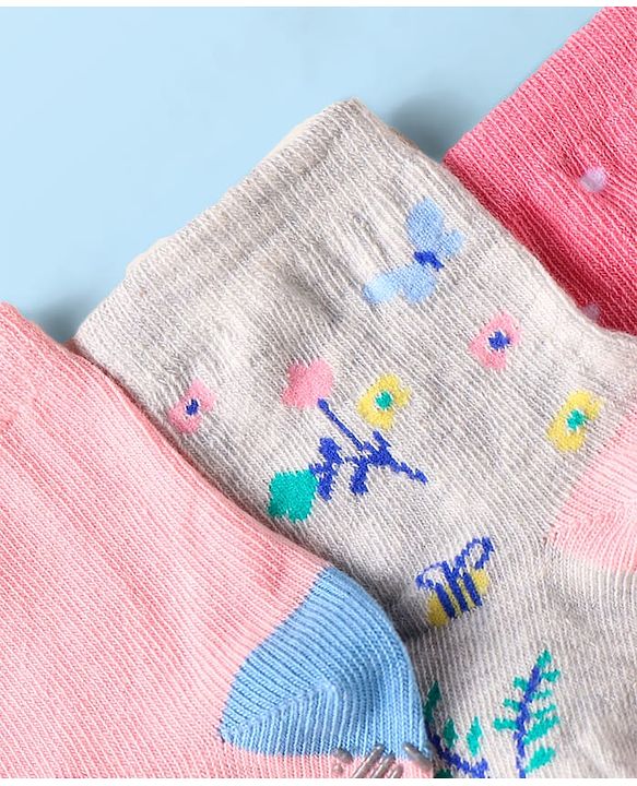 Cute Walk by Babyhug Knit Ankle Length Antibacterial Anti Skid Socks with Bunny Floral & Polka Dots Design Pack of 3 - Pink & Grey