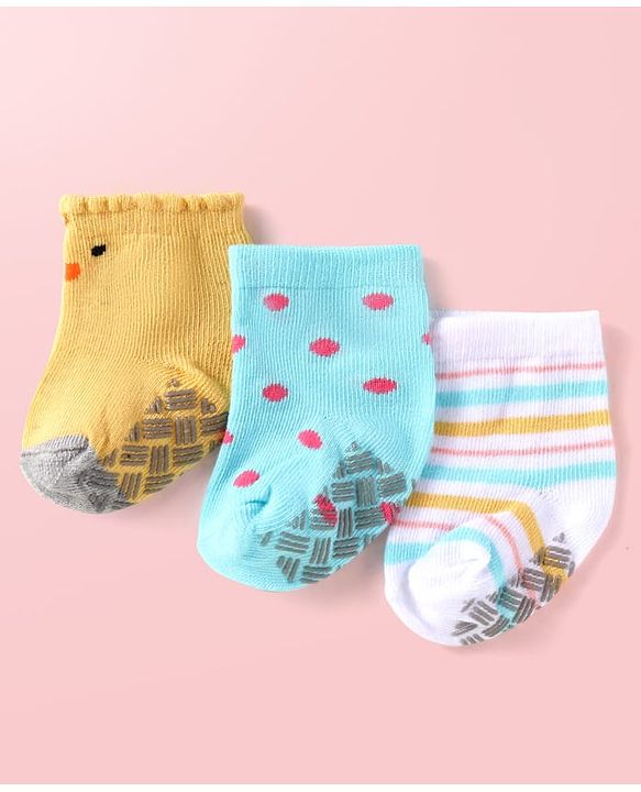 Cute Walk by Babyhug Knit Ankle Length Antibacterial Anti Skid Socks with Stripes & Polka Dots Design Pack of 3 - White Light Blue & Yellow