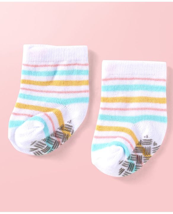 Cute Walk by Babyhug Knit Ankle Length Antibacterial Anti Skid Socks with Stripes & Polka Dots Design Pack of 3 - White Light Blue & Yellow